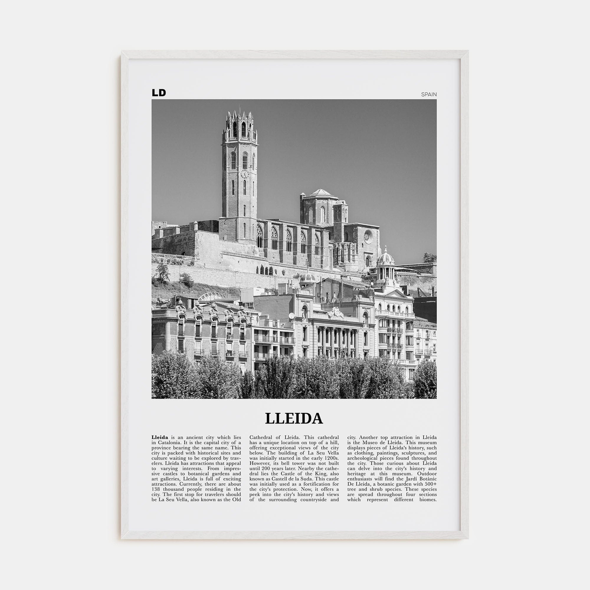 Lleida Poster White Wood / 8x12 in Nbourhood Travel B&W Poster