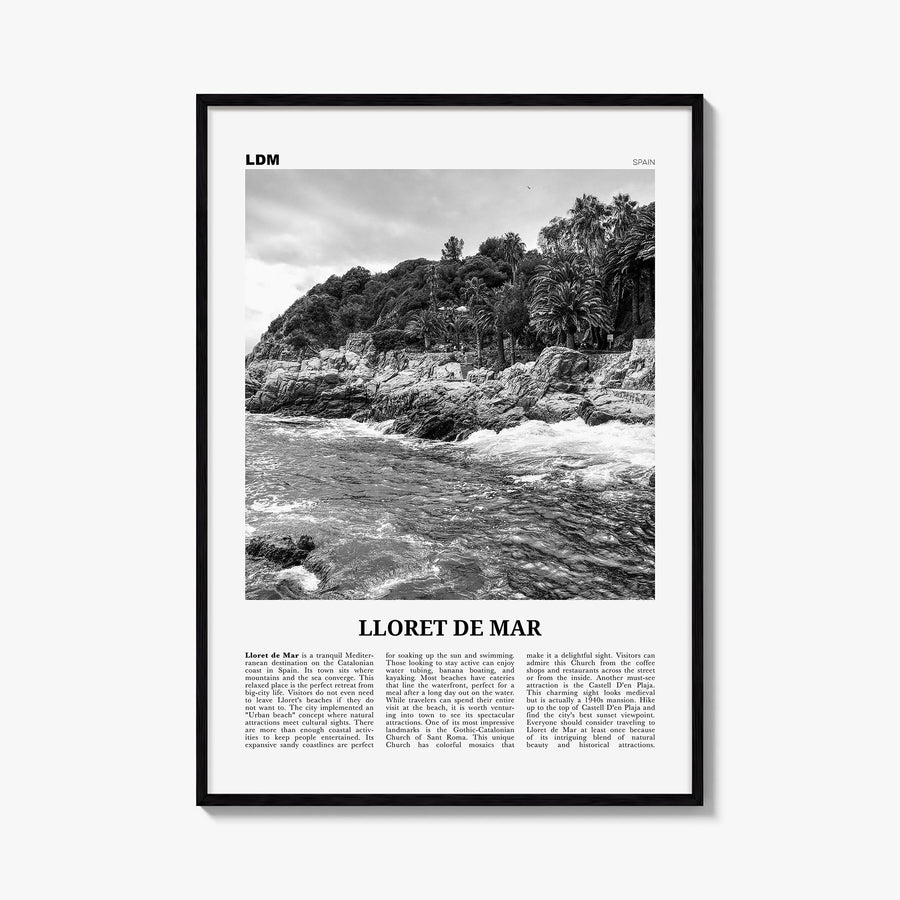 Lloret de Mar no. 1 black & white newspaper poster of Spain – vertical wall art, unframed print shown in interior mockup