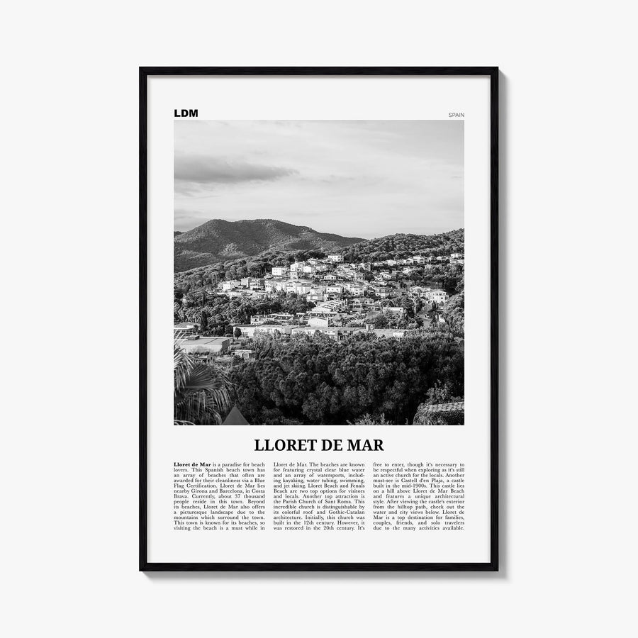 Lloret de Mar no. 2 black & white newspaper poster of Spain – vertical wall art, unframed print shown in interior mockup