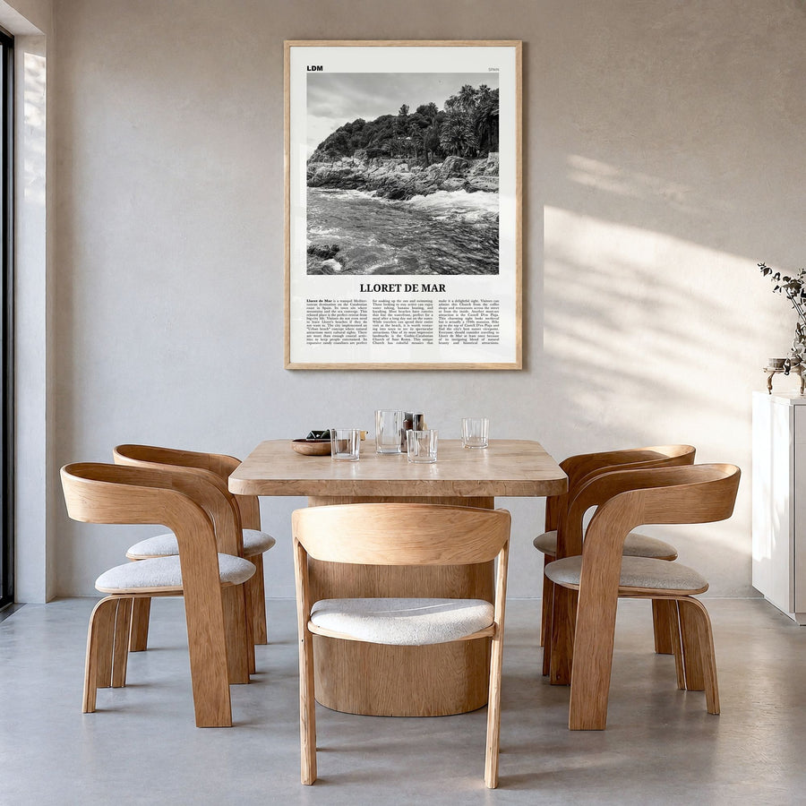 Lloret de Mar Newspaper No 1 Poster in a natural wood frame, hanging in a dining room