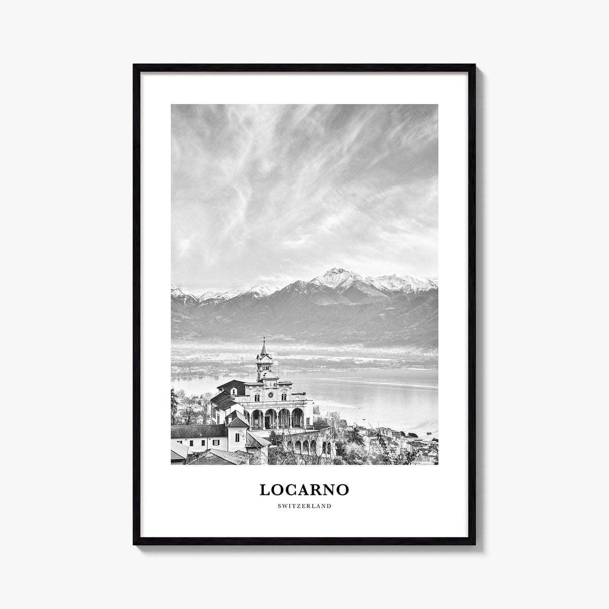 Locarno black & white classic poster of Switzerland – vertical wall art, unframed print shown in interior mockup