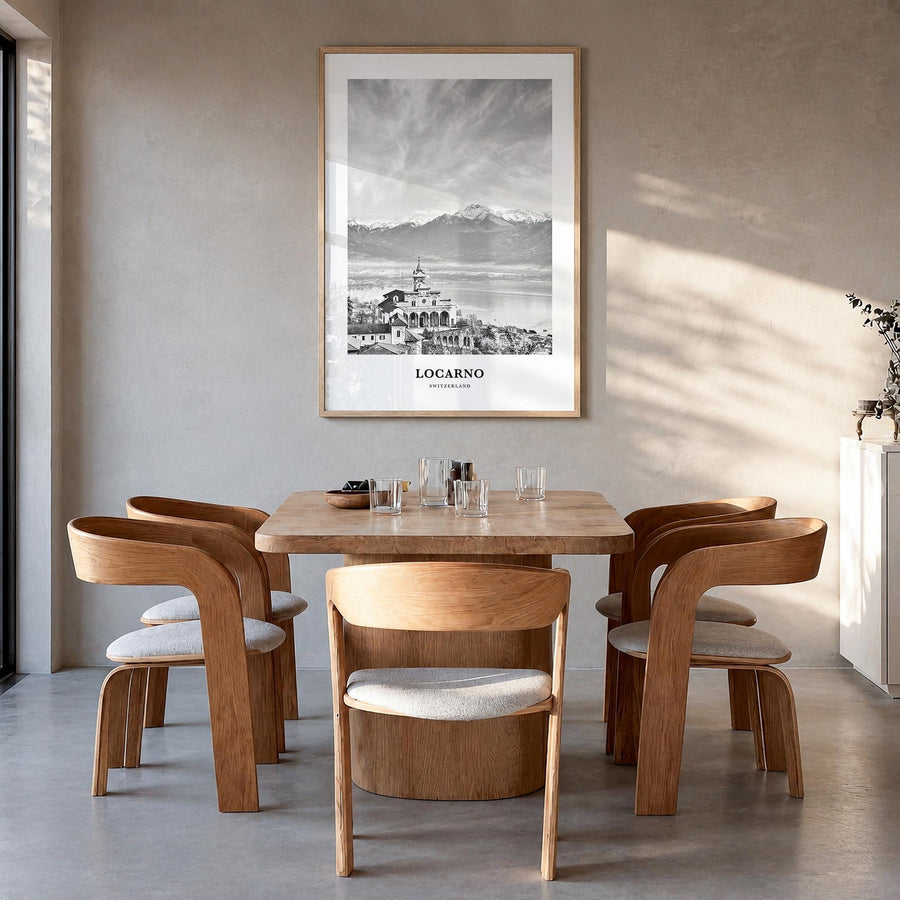 Locarno black & white classic poster of Switzerland – vertical wall art in natural wood frame, hanging on wall