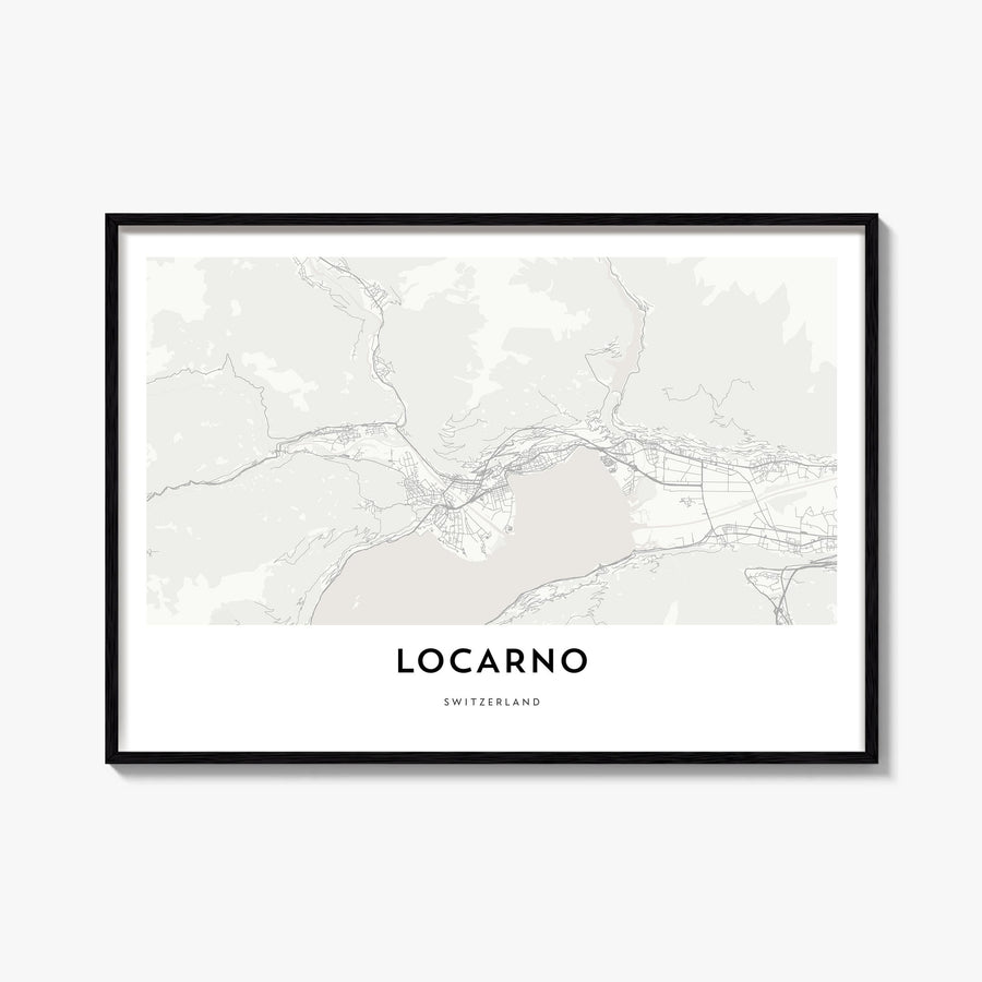 Locarno black & white map poster of Switzerland – horizontal wall art, unframed print shown in interior mockup