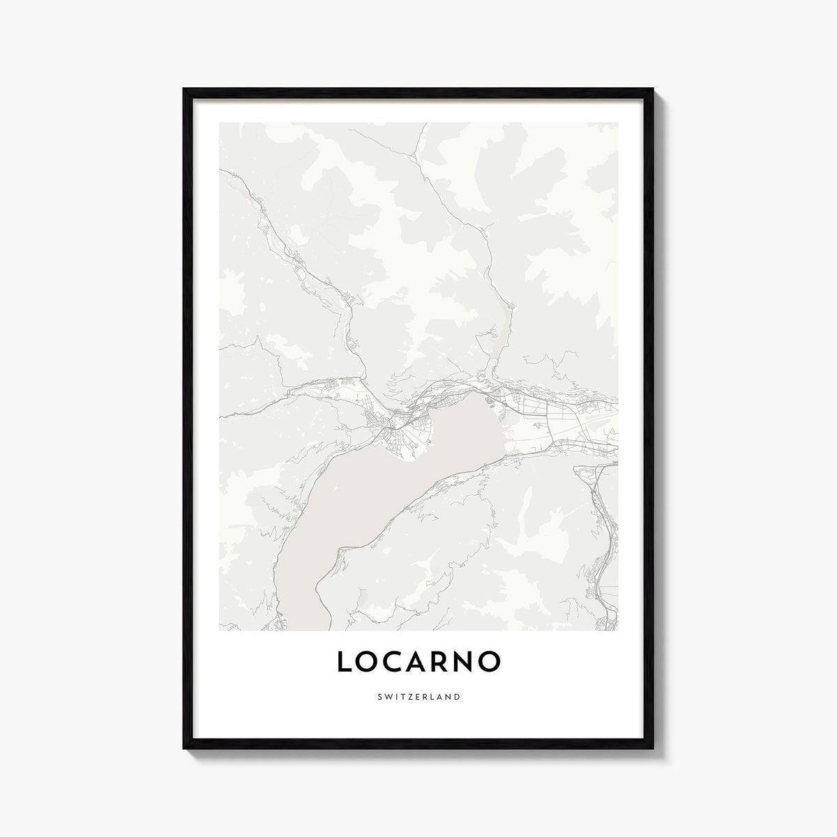 Locarno black & white map poster of Switzerland – vertical wall art, unframed print shown in interior mockup