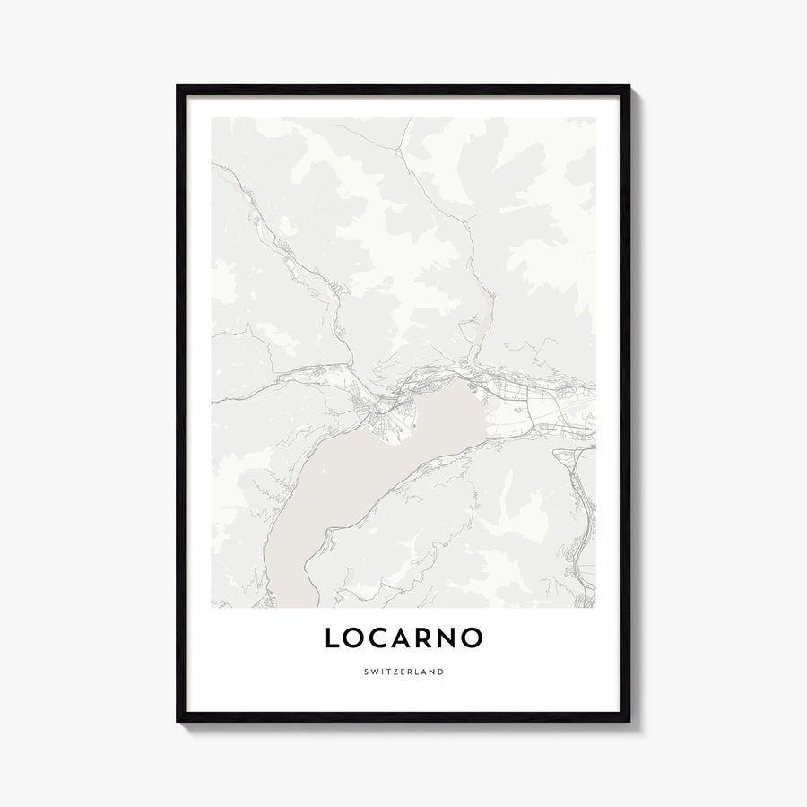 Locarno black & white map poster of Switzerland – vertical wall art, unframed print shown in interior mockup