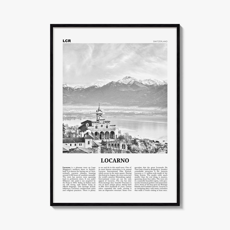 Locarno black & white newspaper poster of Switzerland – vertical wall art, unframed print shown in interior mockup