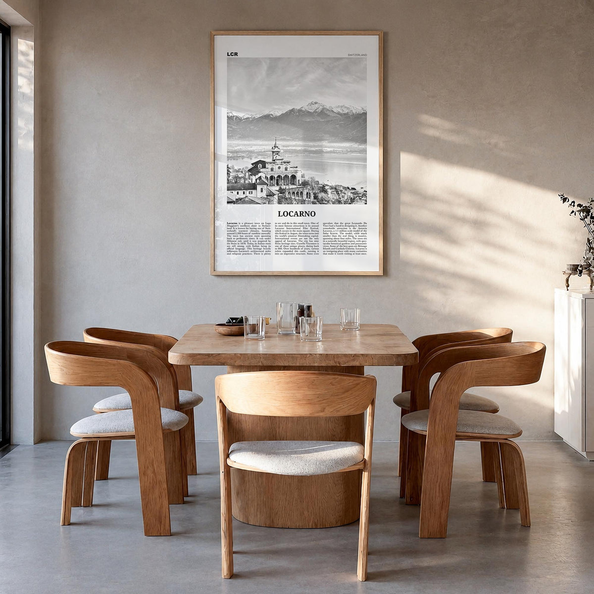 Locarno black & white newspaper poster of Switzerland – vertical wall art in natural wood frame, hanging on wall