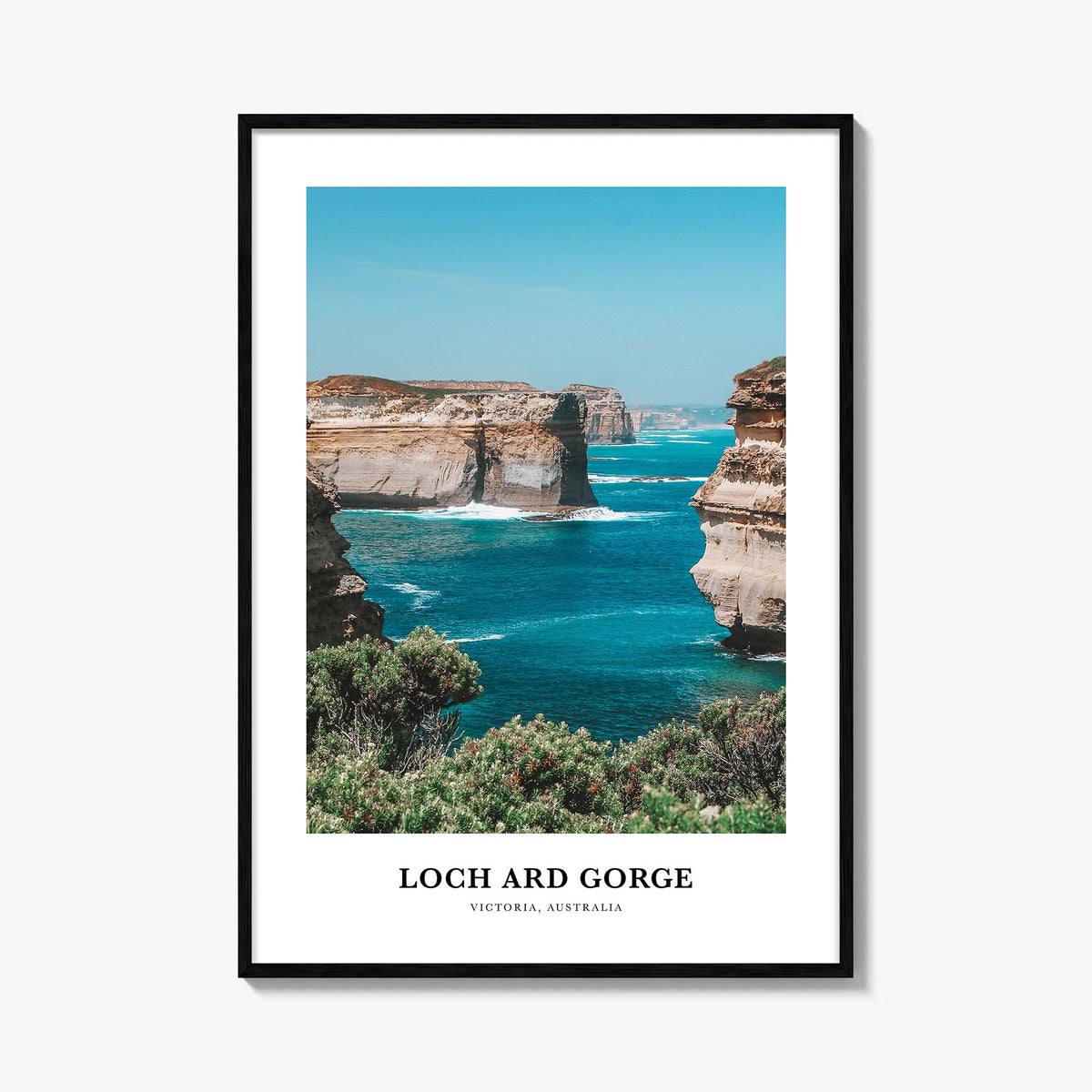 Loch Ard Gorge colorful classic poster of Australia – vertical wall art, unframed print shown in interior mockup