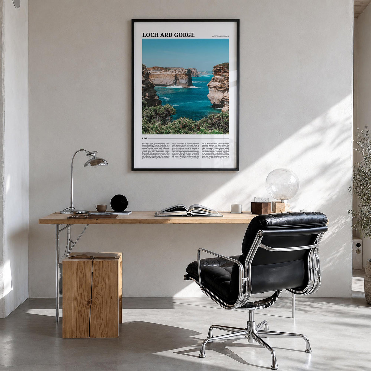Loch Ard Gorge colorful travel poster of Australia – vertical wall art in black wood frame, hanging on wall