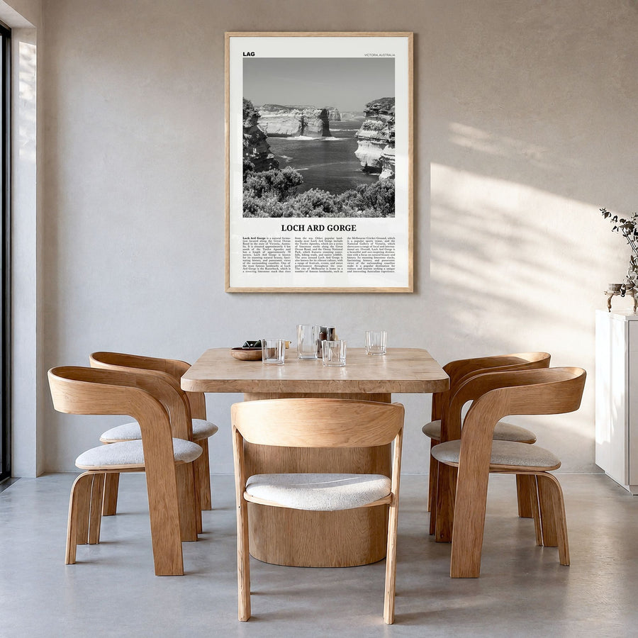 Loch Ard Gorge Newspaper Poster in a natural wood frame, hanging in a dining room