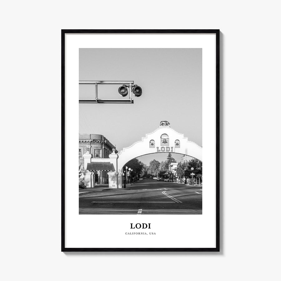 Lodi black & white classic poster of California, USA – vertical wall art, unframed print shown in interior mockup