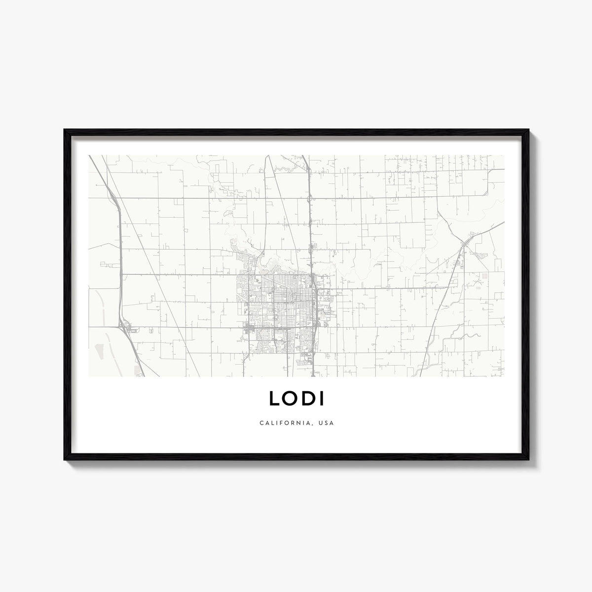 Lodi black & white map poster of California, USA – horizontal wall art, unframed print shown in interior mockup