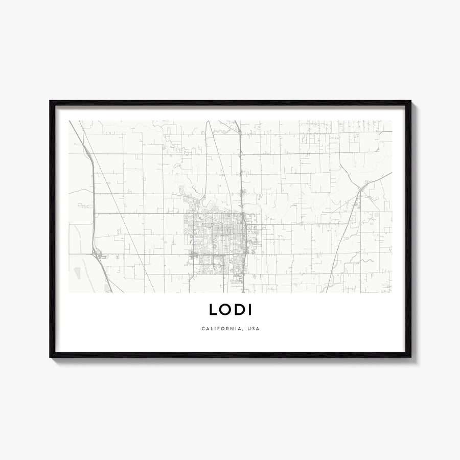 Lodi black & white map poster of California, USA – horizontal wall art, unframed print shown in interior mockup