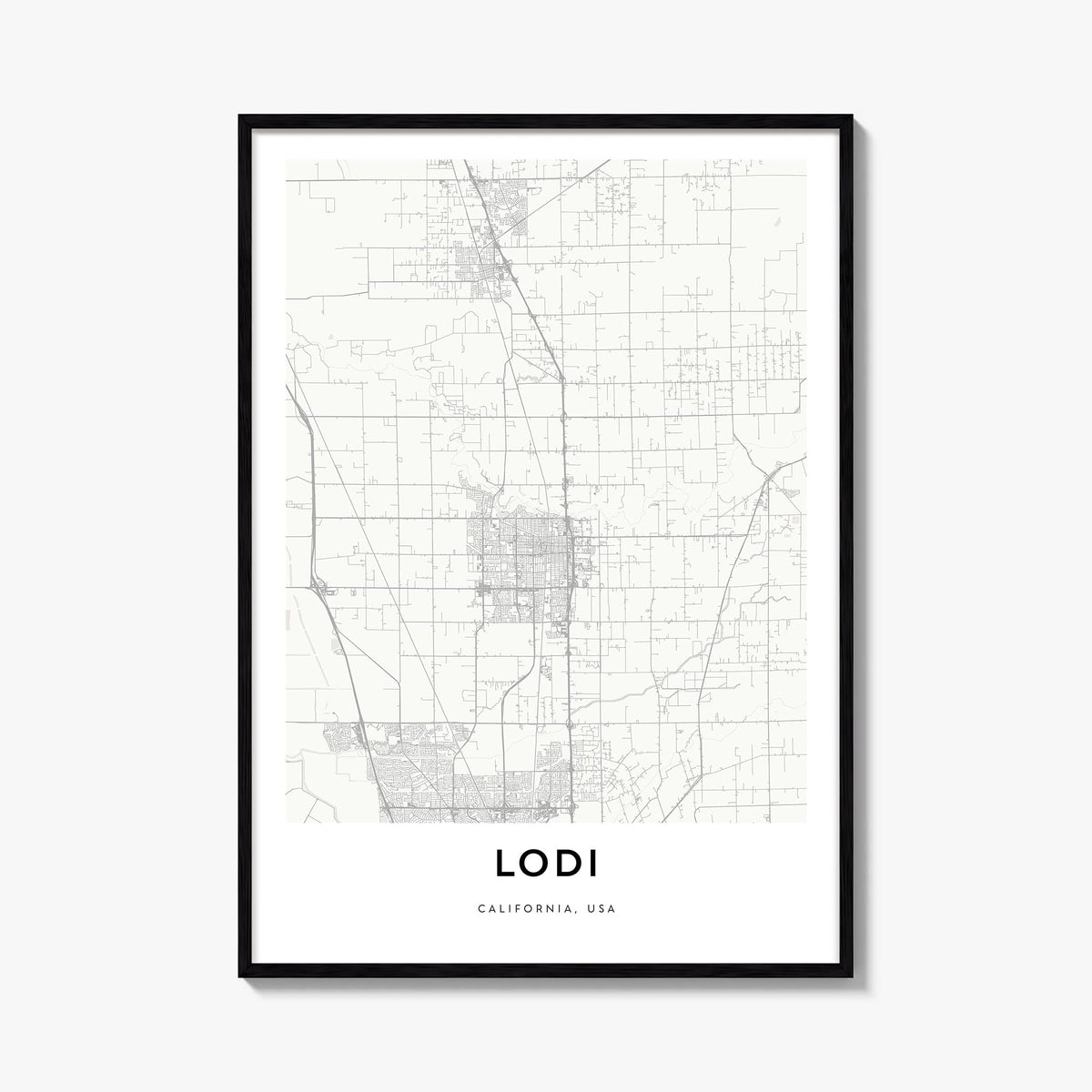 Lodi black & white map poster of California, USA – vertical wall art, unframed print shown in interior mockup