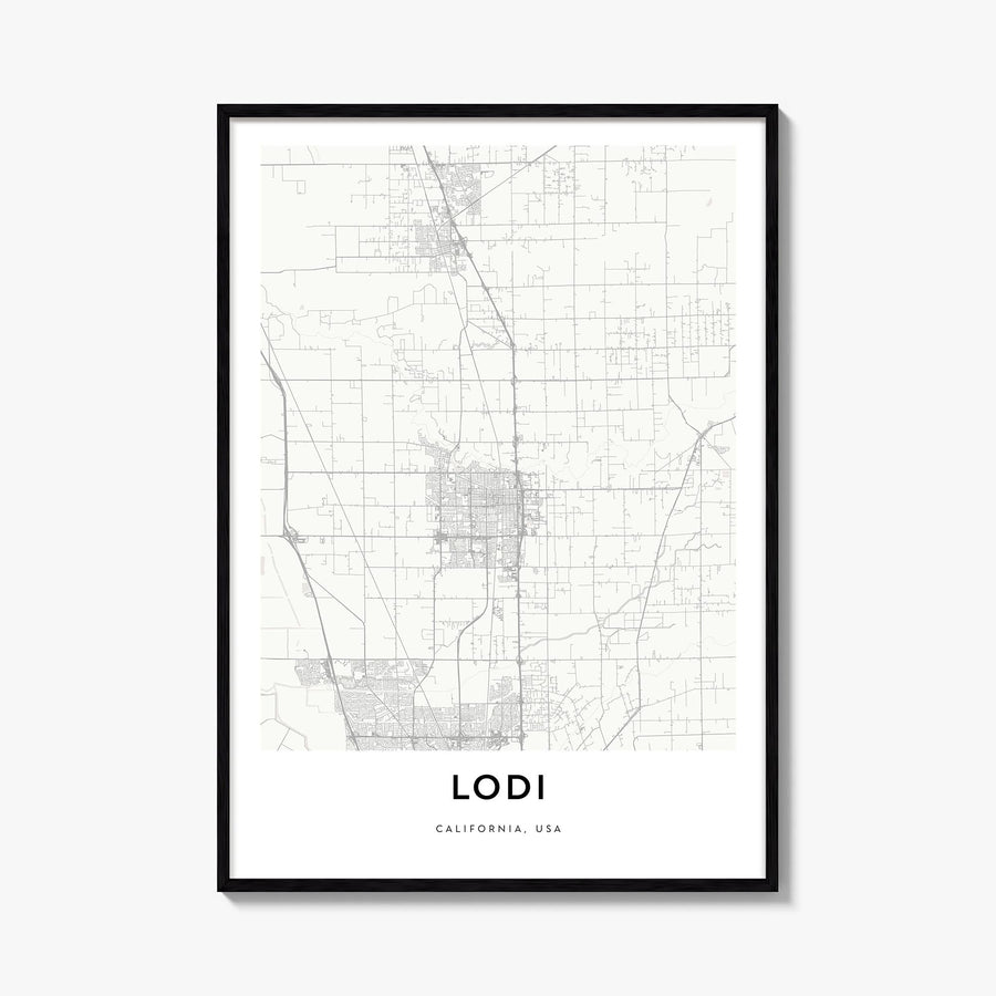 Lodi black & white map poster of California, USA – vertical wall art, unframed print shown in interior mockup