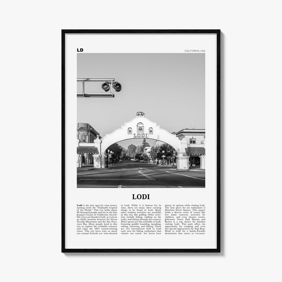 Lodi black & white newspaper poster of California, USA – vertical wall art, unframed print shown in interior mockup