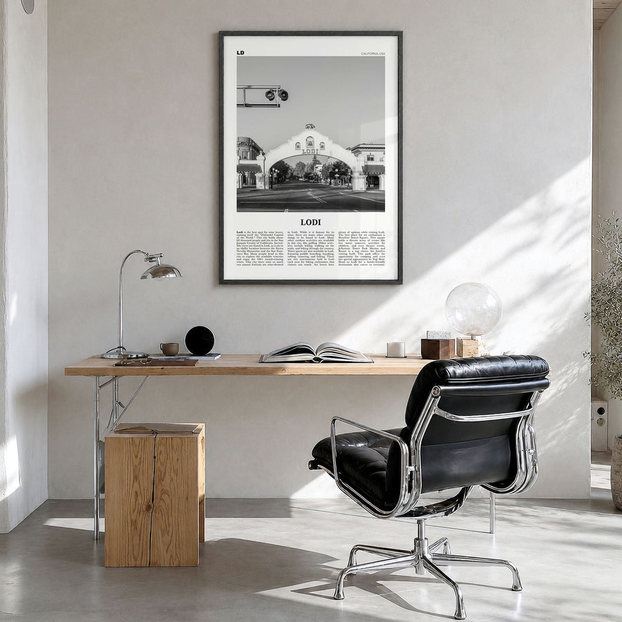 Lodi Newspaper Poster in a black wood frame, hanging in a bright home office