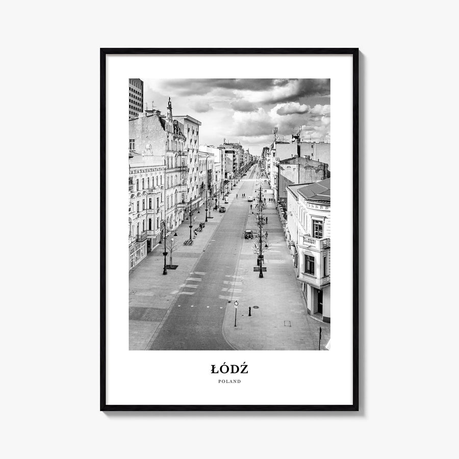 Łódź black & white classic poster of Poland – vertical wall art, unframed print shown in interior mockup