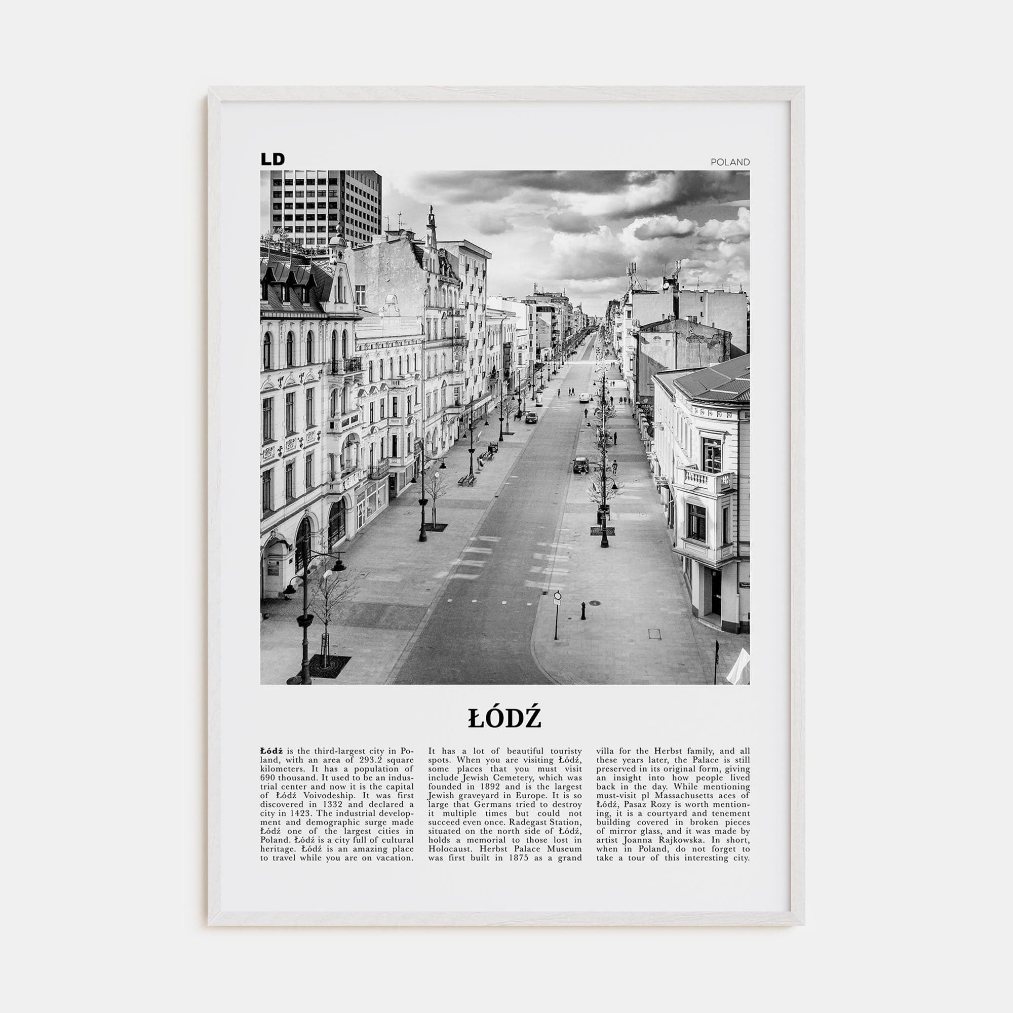 Łódź Poster White Wood / 8x12 in Nbourhood Travel B&W Poster