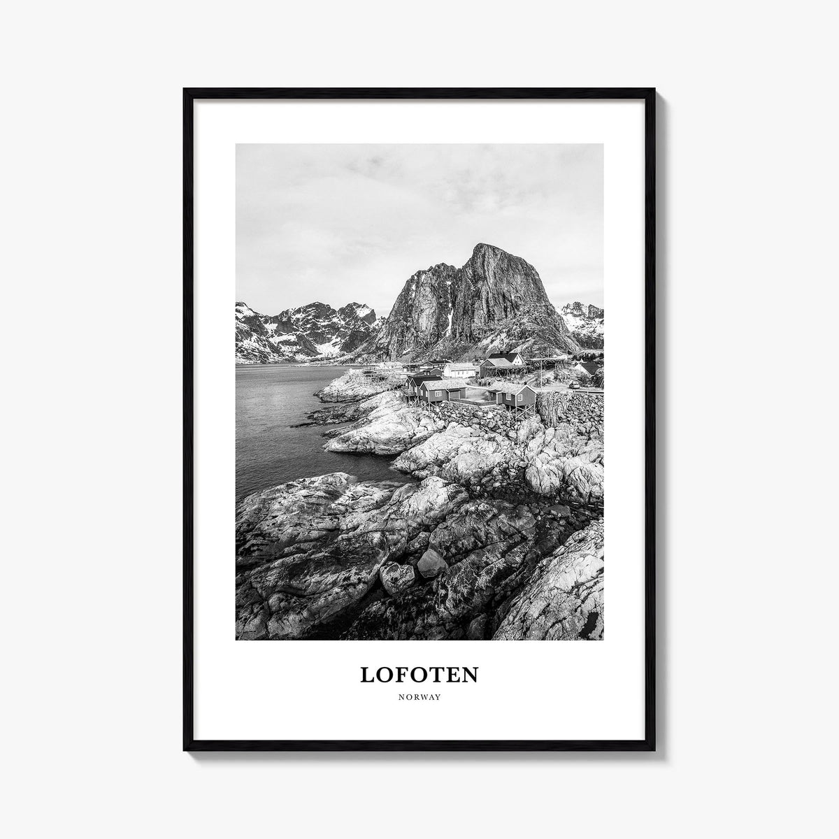 Lofoten black & white classic poster of Norway – vertical wall art, unframed print shown in interior mockup