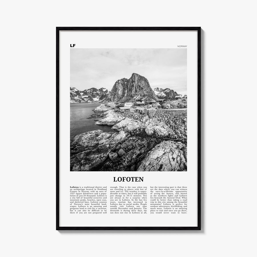 Lofoten black & white newspaper poster of Norway – vertical wall art, unframed print shown in interior mockup
