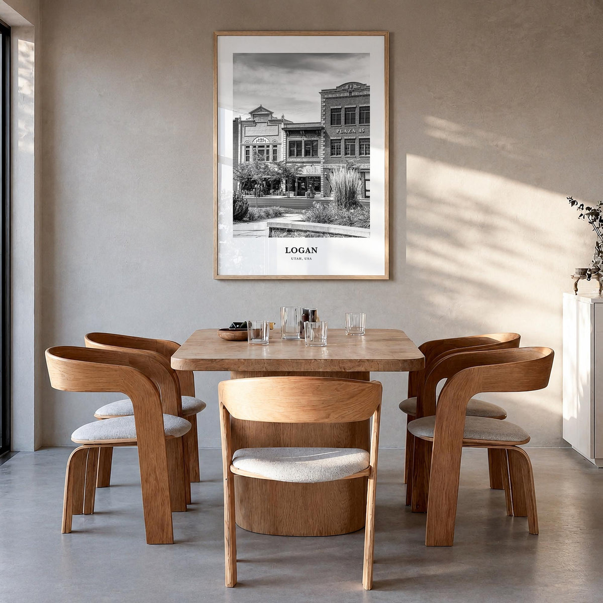 Logan black & white classic poster of Utah, USA – vertical wall art in natural wood frame, hanging on wall