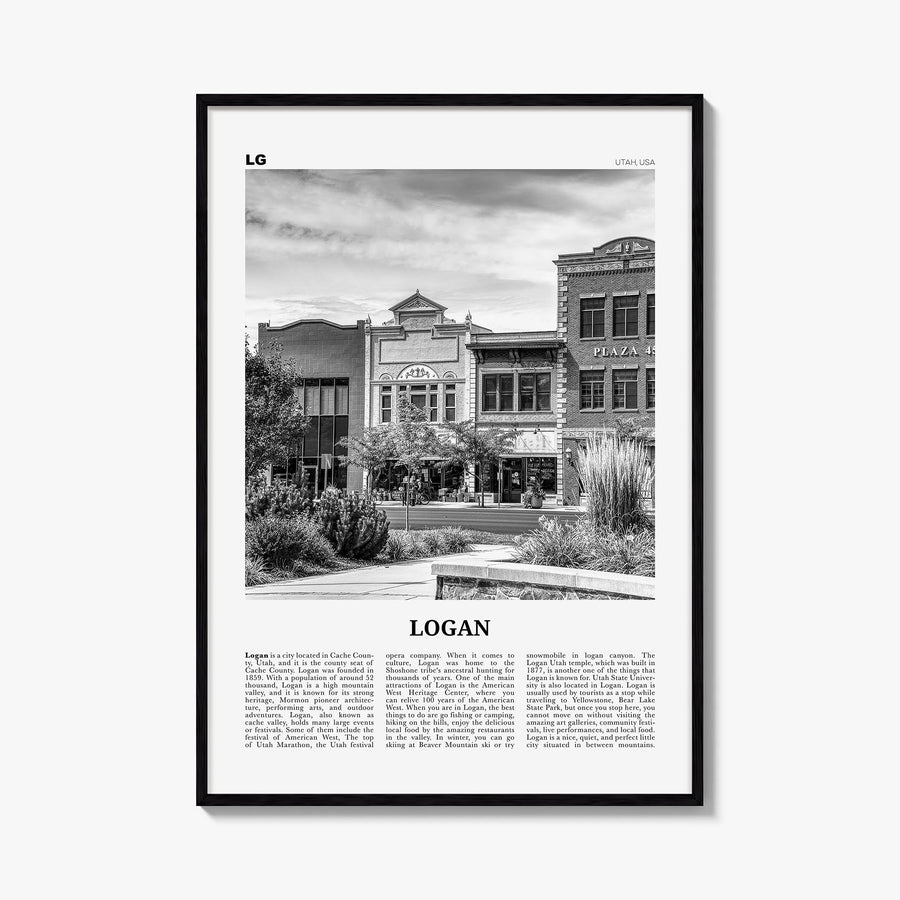 Logan black & white newspaper poster of Utah, USA – vertical wall art, unframed print shown in interior mockup