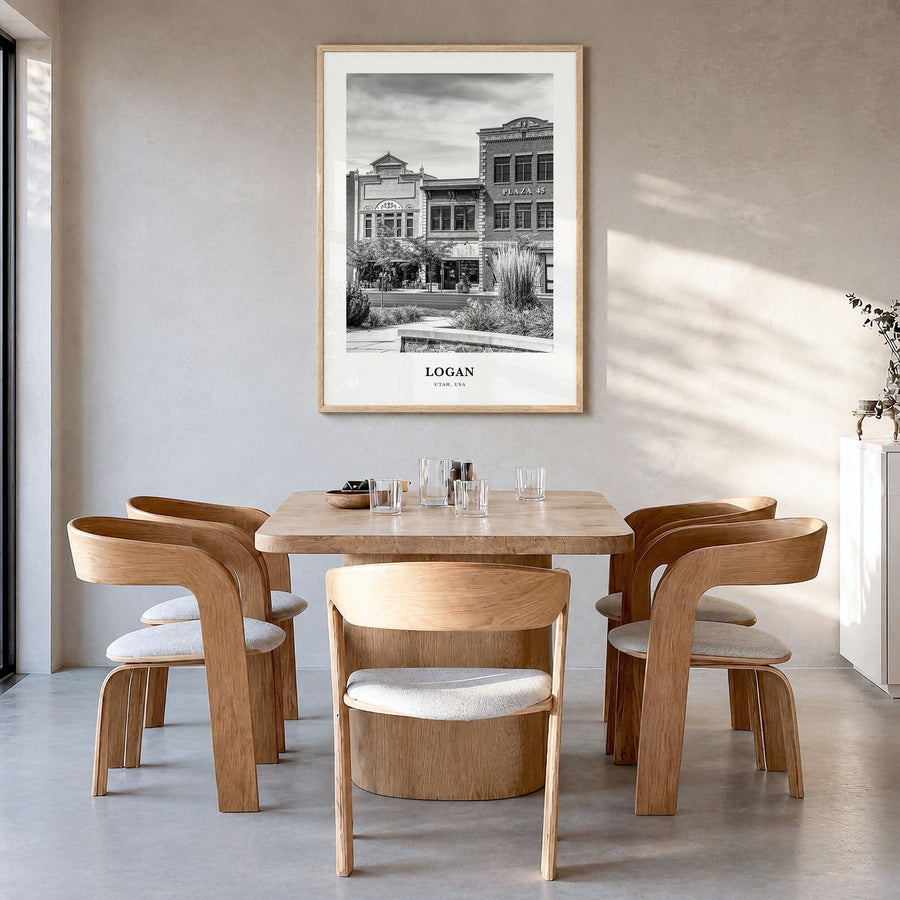 Logan Classic Poster in a natural wood frame, hanging in a dining room