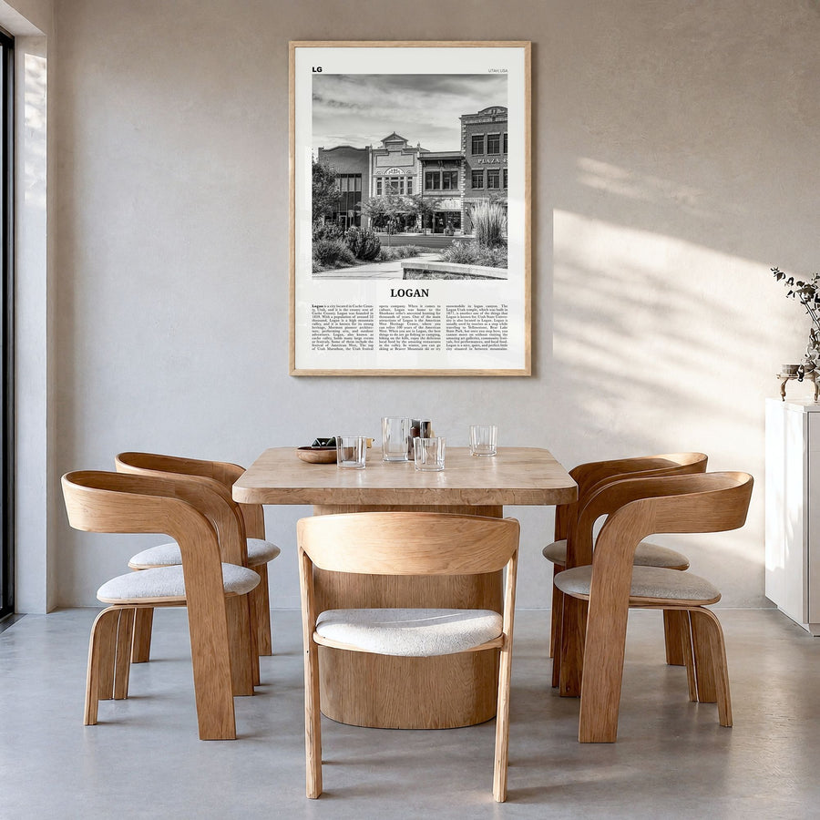 Logan Newspaper Poster in a natural wood frame, hanging in a dining room