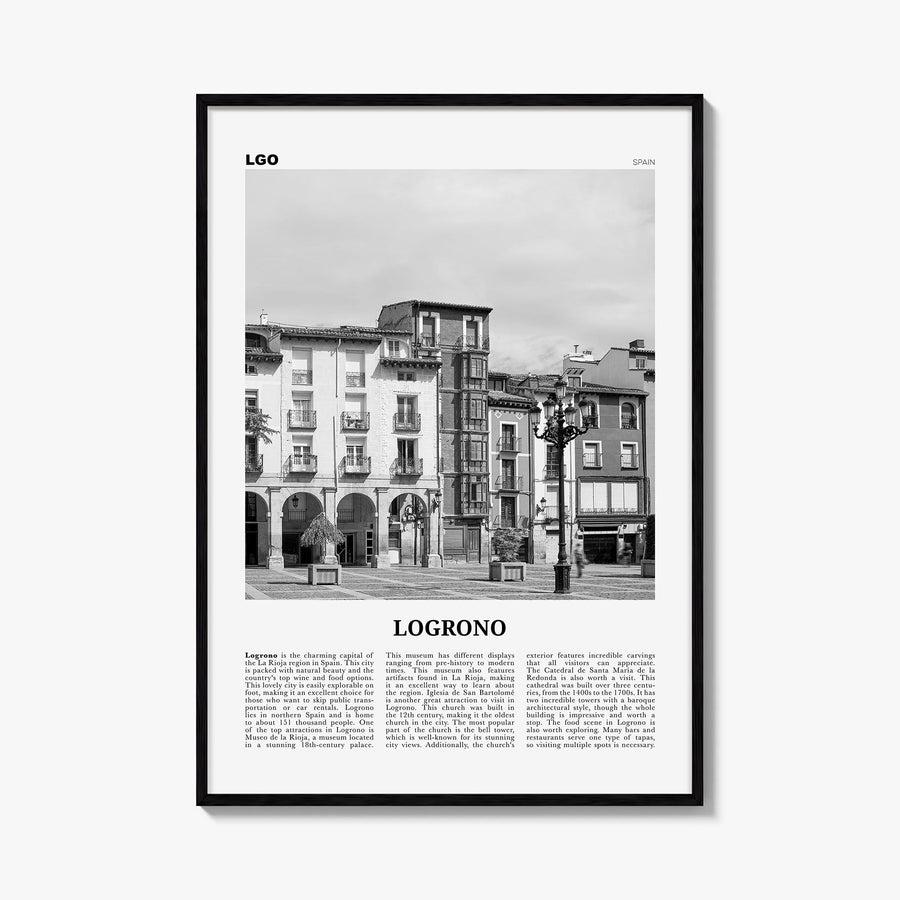 Logroño black & white newspaper poster of Spain – vertical wall art, unframed print shown in interior mockup
