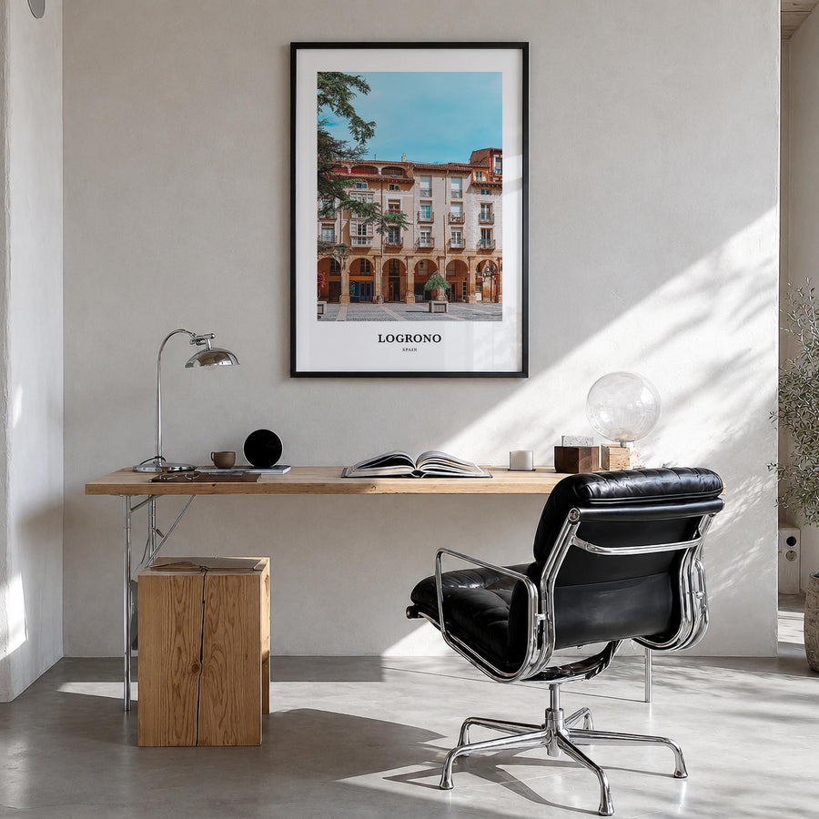 Logroño colorful classic poster of Spain – vertical wall art in black wood frame, hanging on wall