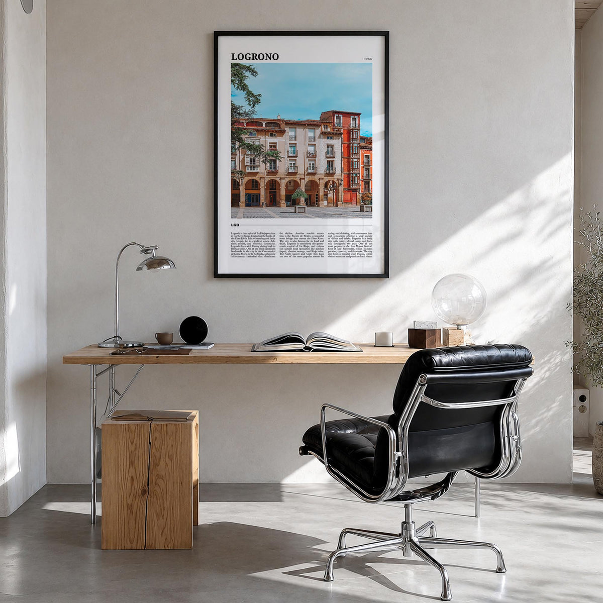 Logroño colorful travel poster of Spain – vertical wall art in black wood frame, hanging on wall