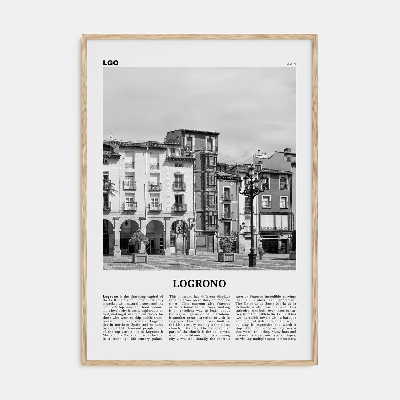 Logroño Poster Natural Wood / 8x12 in Nbourhood Travel B&W Poster