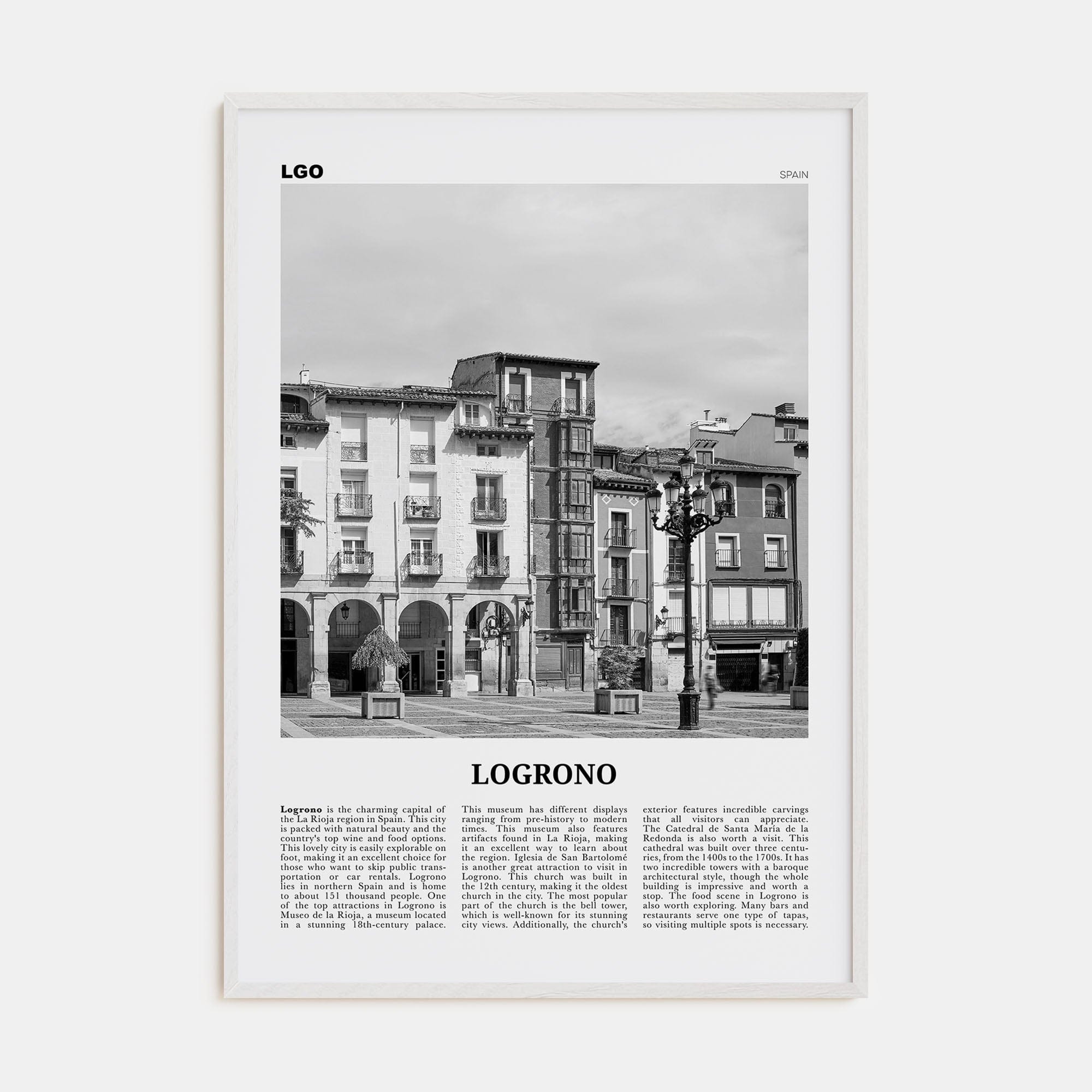 Logroño Poster White Wood / 8x12 in Nbourhood Travel B&W Poster