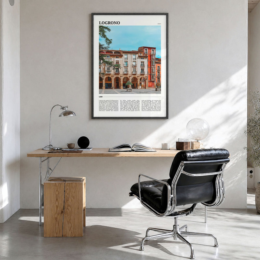 Logroño Travel Poster in a black wood frame, hanging in a bright home office