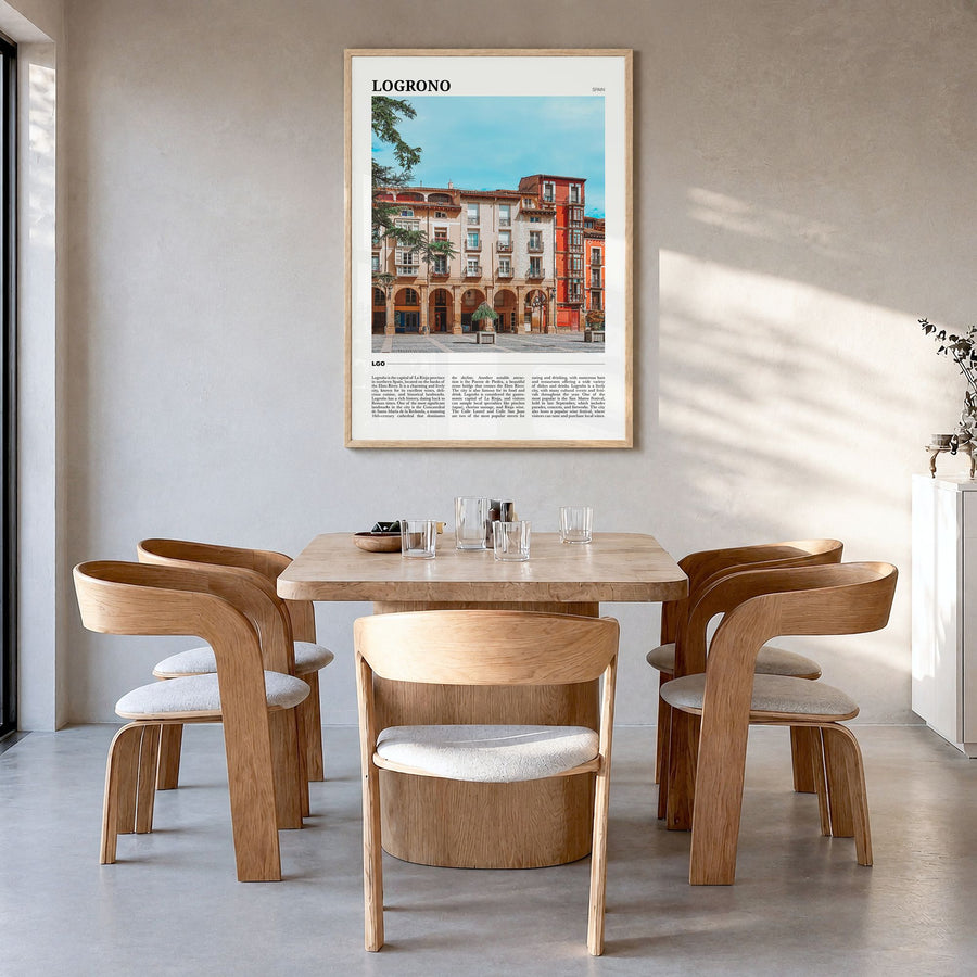 Logroño Travel Poster in a natural wood frame, hanging in a dining room