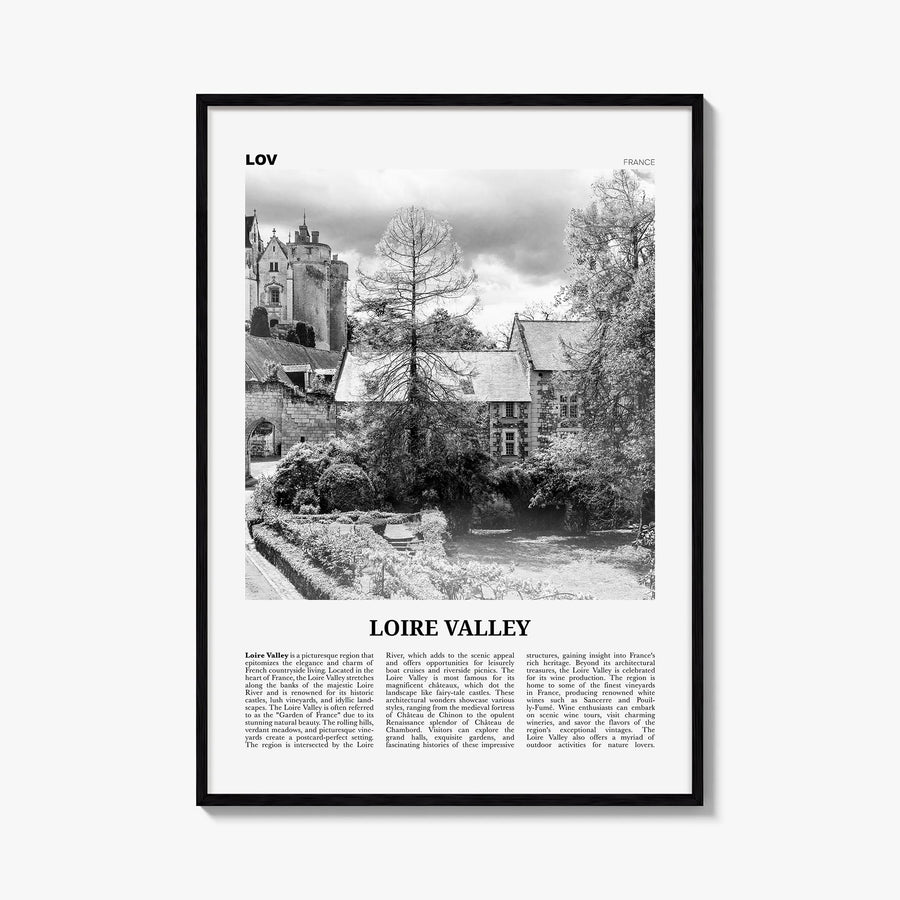 Loire Valley black & white newspaper poster of France – vertical wall art, unframed print shown in interior mockup
