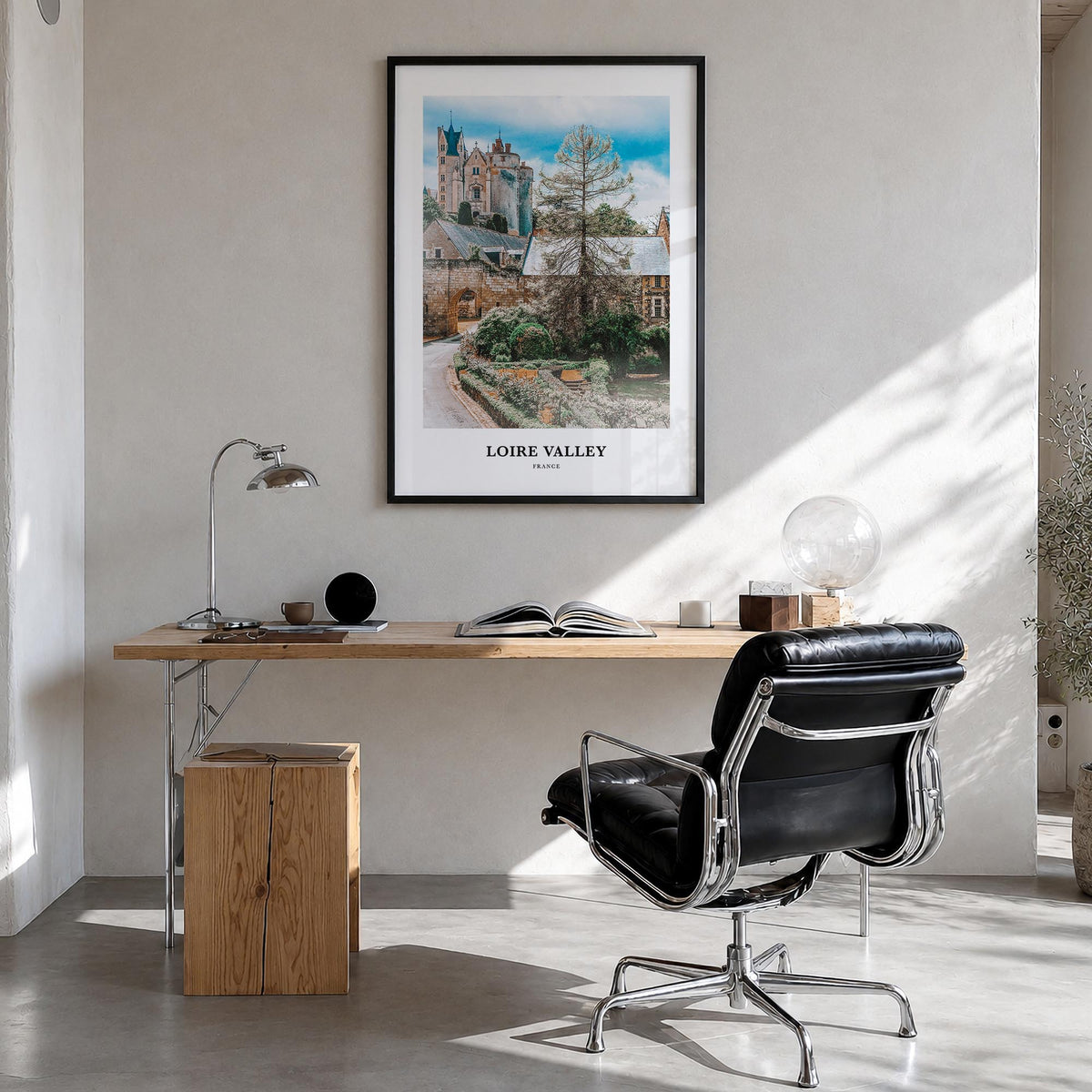 Loire Valley colorful classic poster of France – vertical wall art in black wood frame, hanging on wall