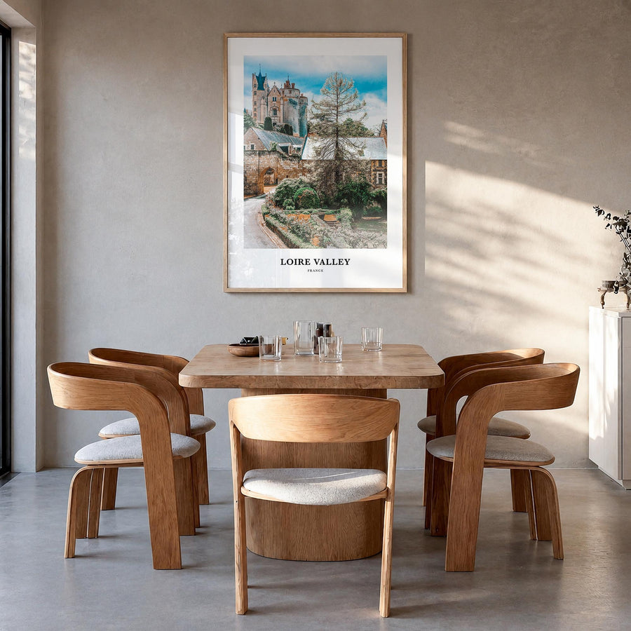 Loire Valley colorful classic poster of France – vertical wall art in natural wood frame, hanging on wall