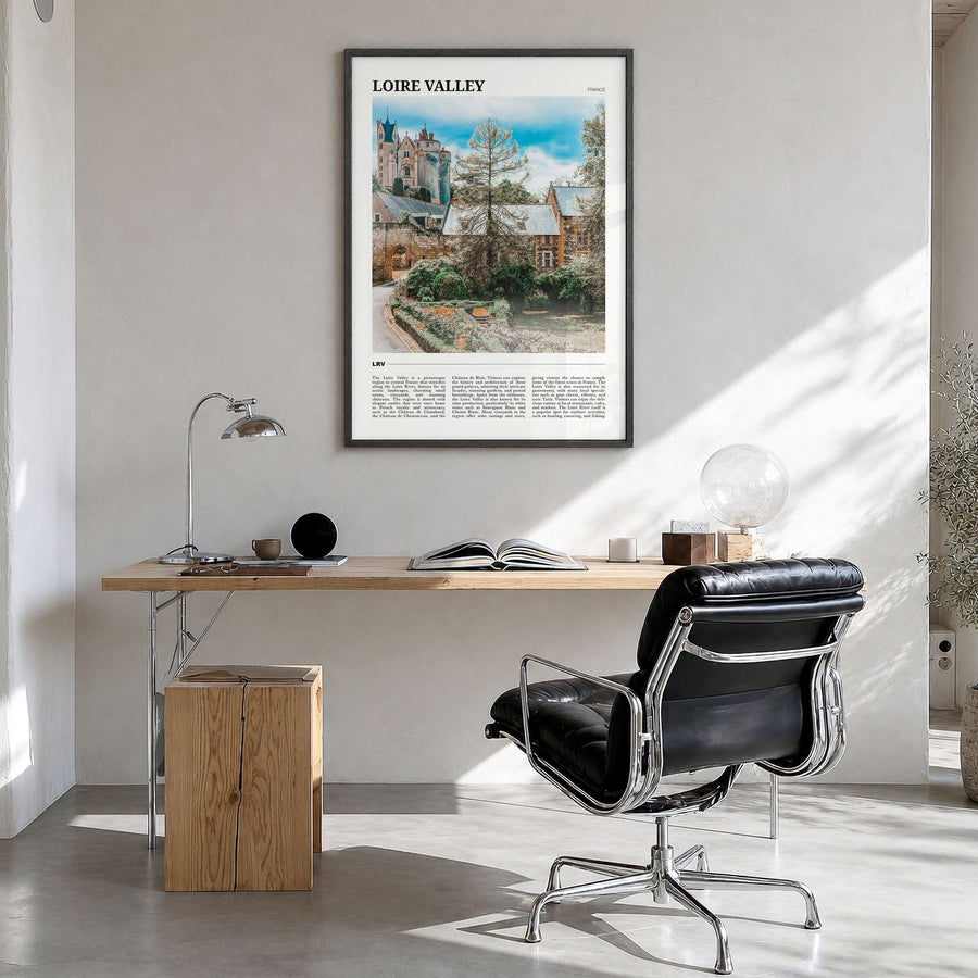 Loire Valley Travel Poster in a black wood frame, hanging in a bright home office