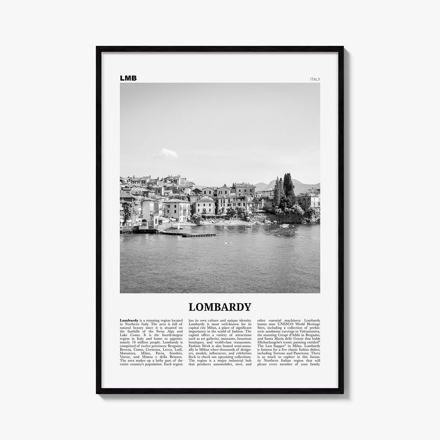 Lombardy black & white newspaper poster of Italy – vertical wall art, unframed print shown in interior mockup