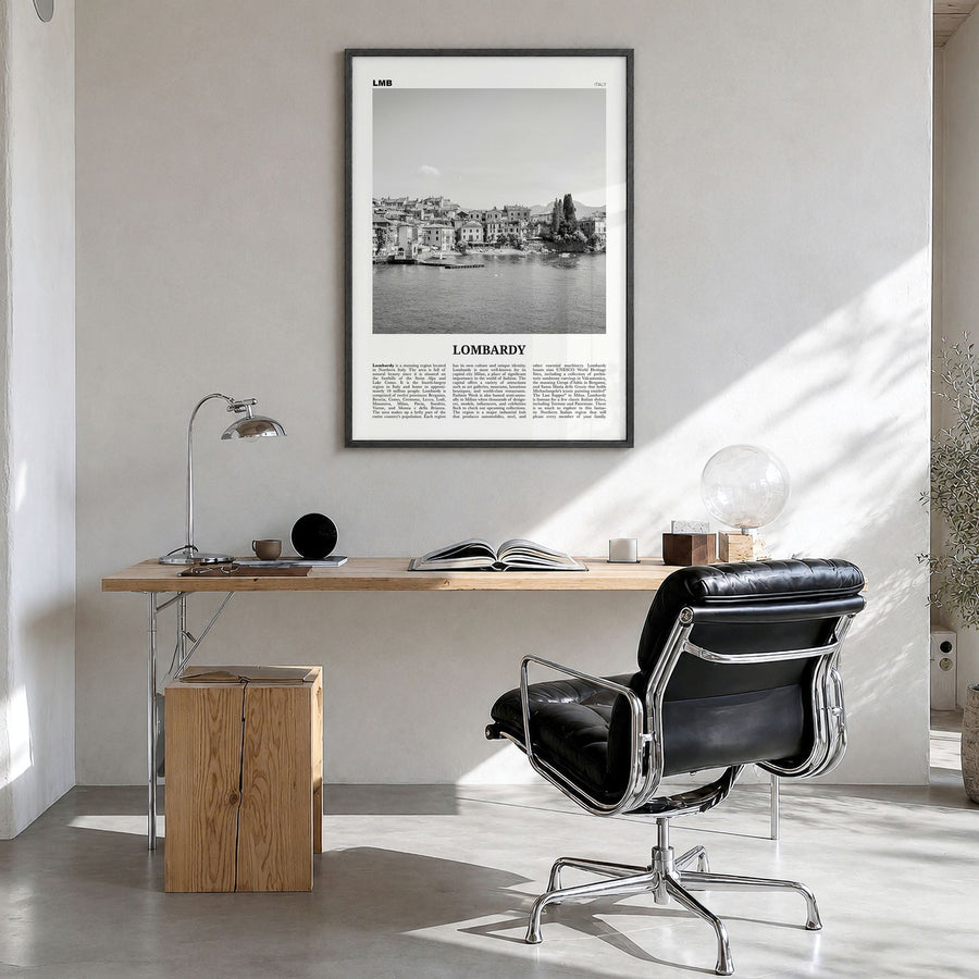 Lombardy Newspaper Poster in a black wood frame, hanging in a bright home office