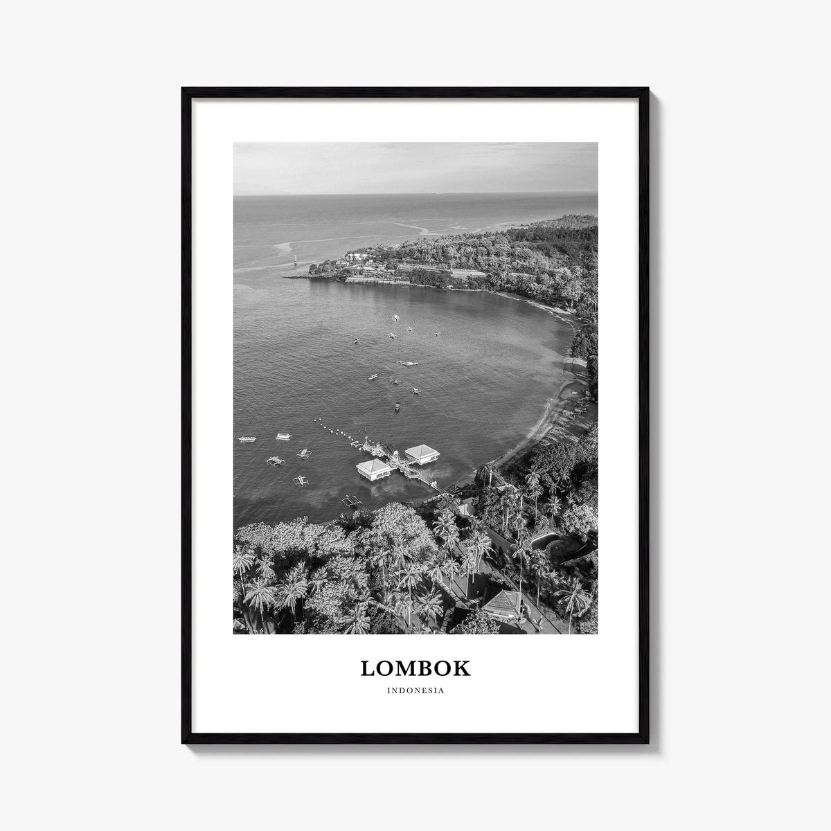 Lombok black & white classic poster of Indonesia – vertical wall art, unframed print shown in interior mockup