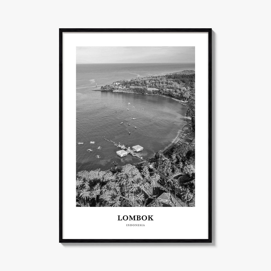 Lombok black & white classic poster of Indonesia – vertical wall art, unframed print shown in interior mockup
