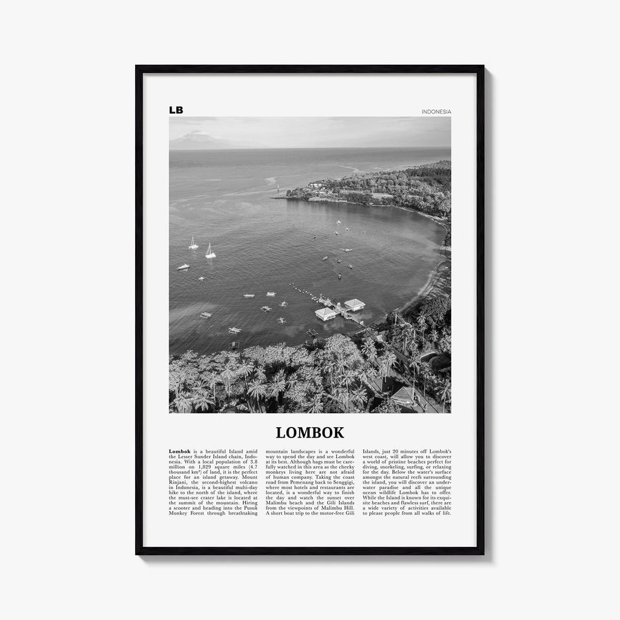 Lombok black & white newspaper poster of Indonesia – vertical wall art, unframed print shown in interior mockup