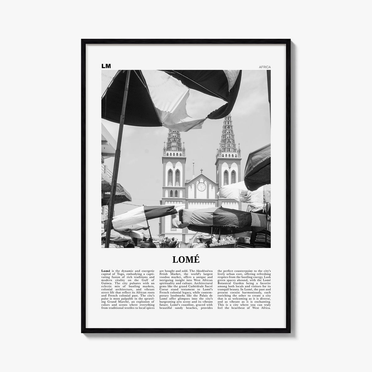 Lomé black & white newspaper poster of Togo – vertical wall art, unframed print shown in interior mockup