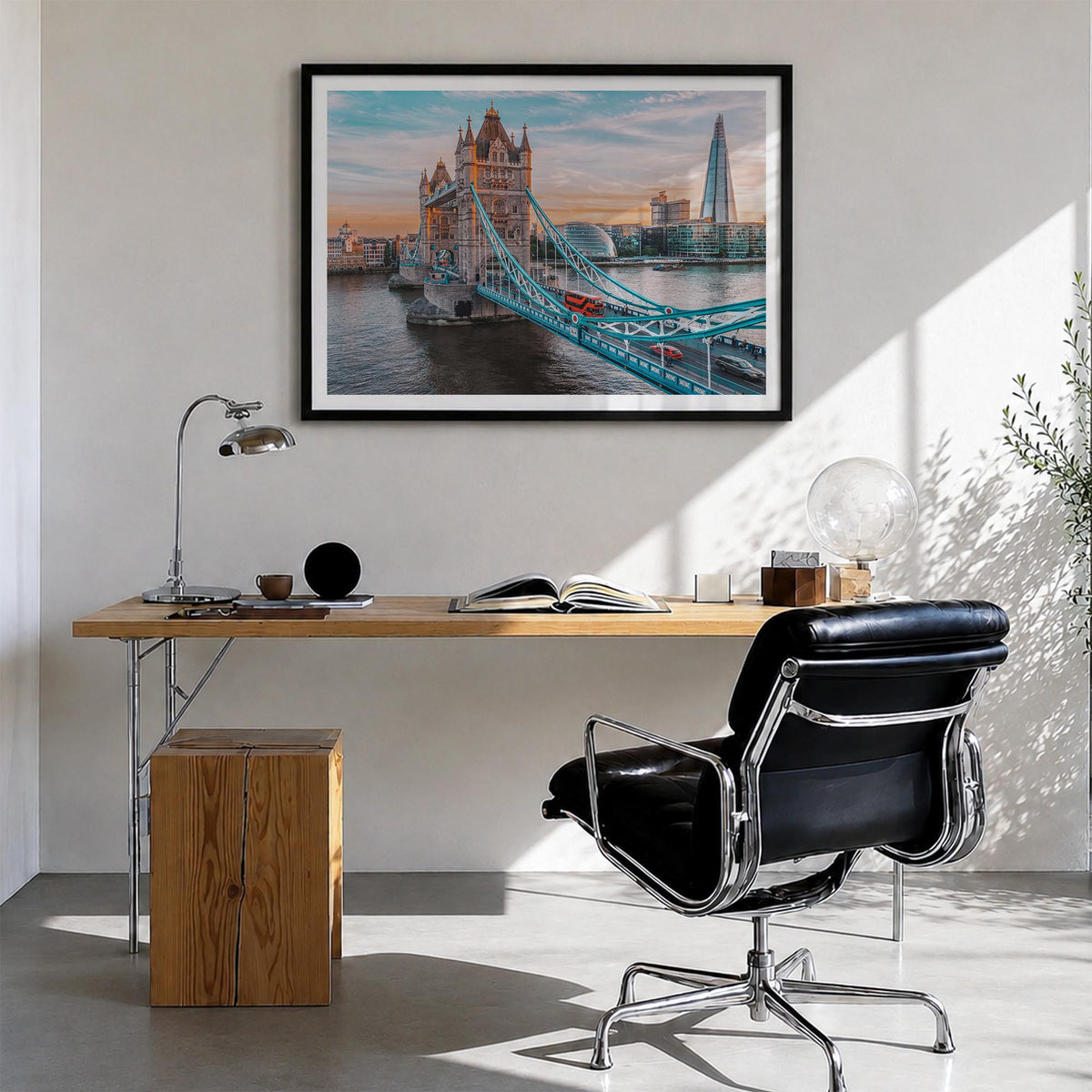 London colorful photo poster of England, UK – horizontal wall art in black wood frame with white border, hanging on wall
