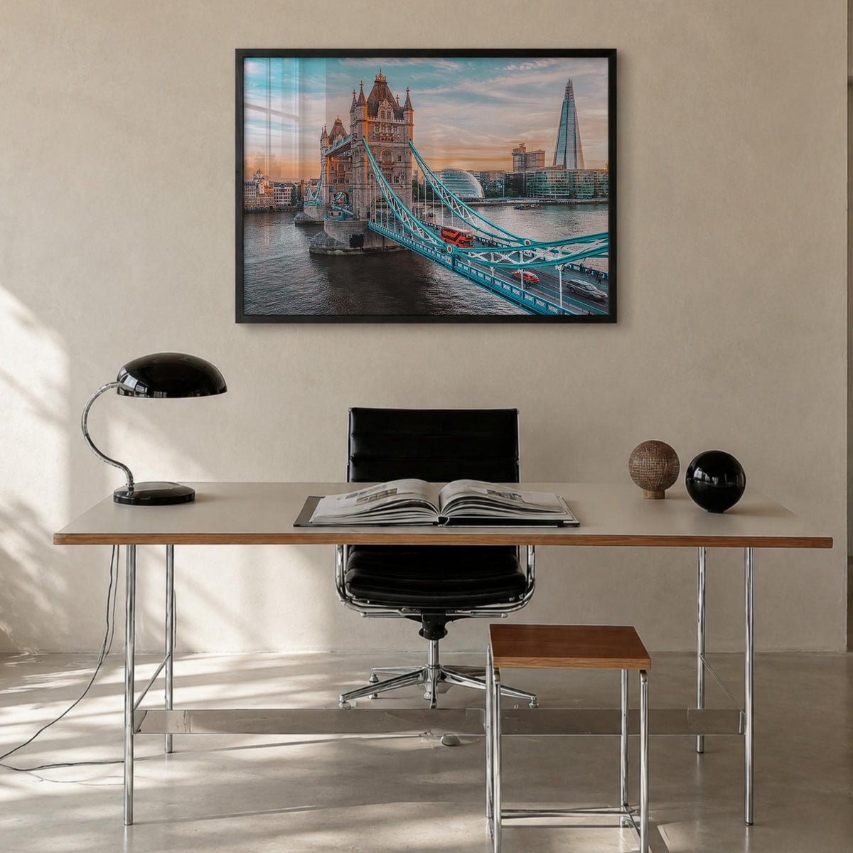 London colorful photo poster of England, UK – horizontal wall art in black wood frame, hanging on wall
