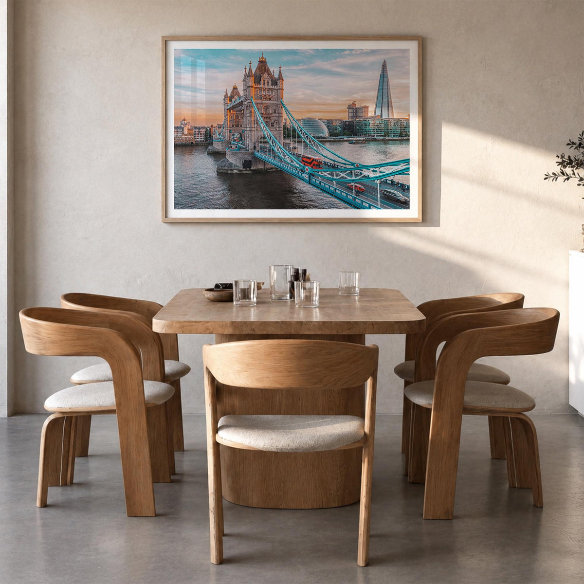 London colorful photo poster of England, UK – horizontal wall art in natural wood frame with white border, hanging on wall