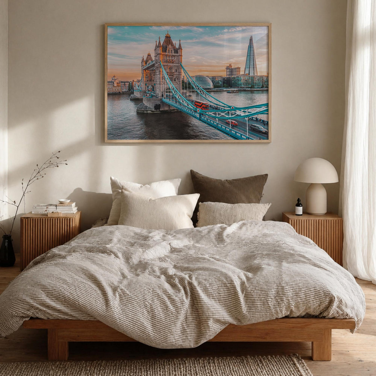 London colorful photo poster of England, UK – horizontal wall art in natural wood frame, hanging on wall